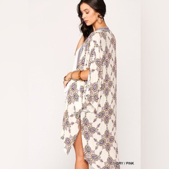 Gigio | Aster Ivory Pink Open Front Kimono Boho Bohemian Paisley Medallion Large - Picture 8 of 15